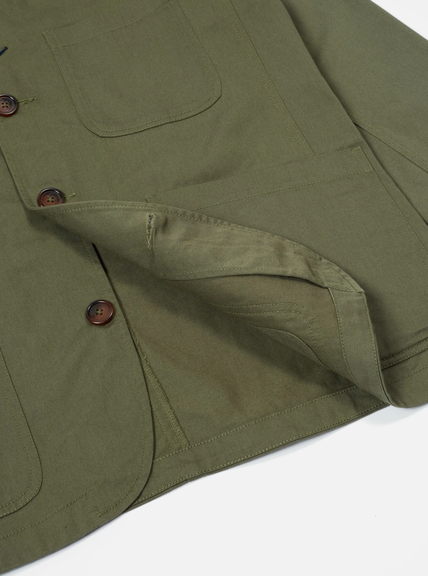 Universal Works Bakers Jacket In Light Olive Twill - Image 6