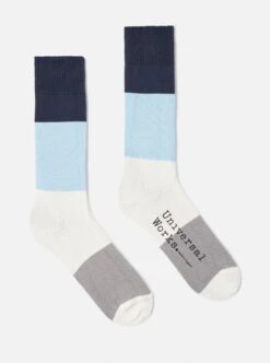 Universal Works Bold Stripe Sock In Navy/Sky Cotton