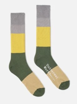 Universal Works Bold Stripe Sock In Grey/Gold Cotton