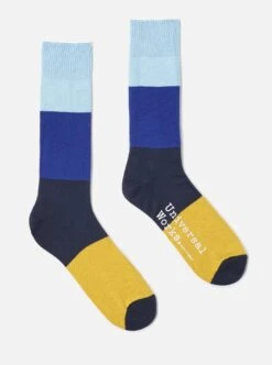 Universal Works Bold Stripe Sock In Sky/Indigo Cotton
