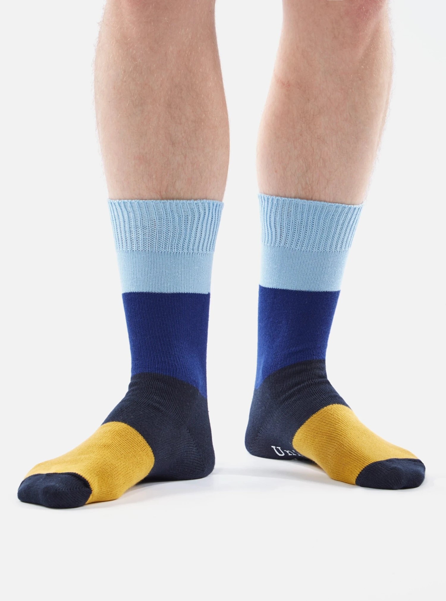 Universal Works Bold Stripe Sock In Sky/Indigo Cotton - Image 5