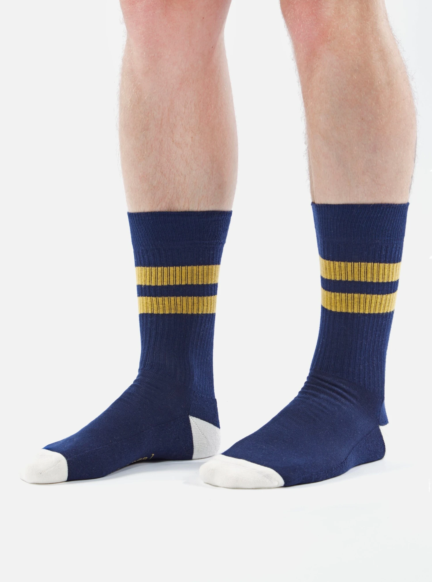Universal Works Sport Sock In Navy/Yellow Cotton Rib - Image 3