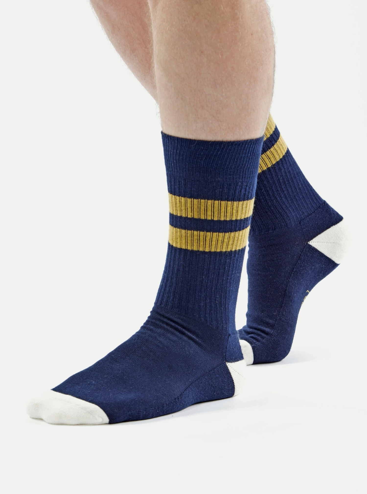 Universal Works Sport Sock In Navy/Yellow Cotton Rib - Image 4