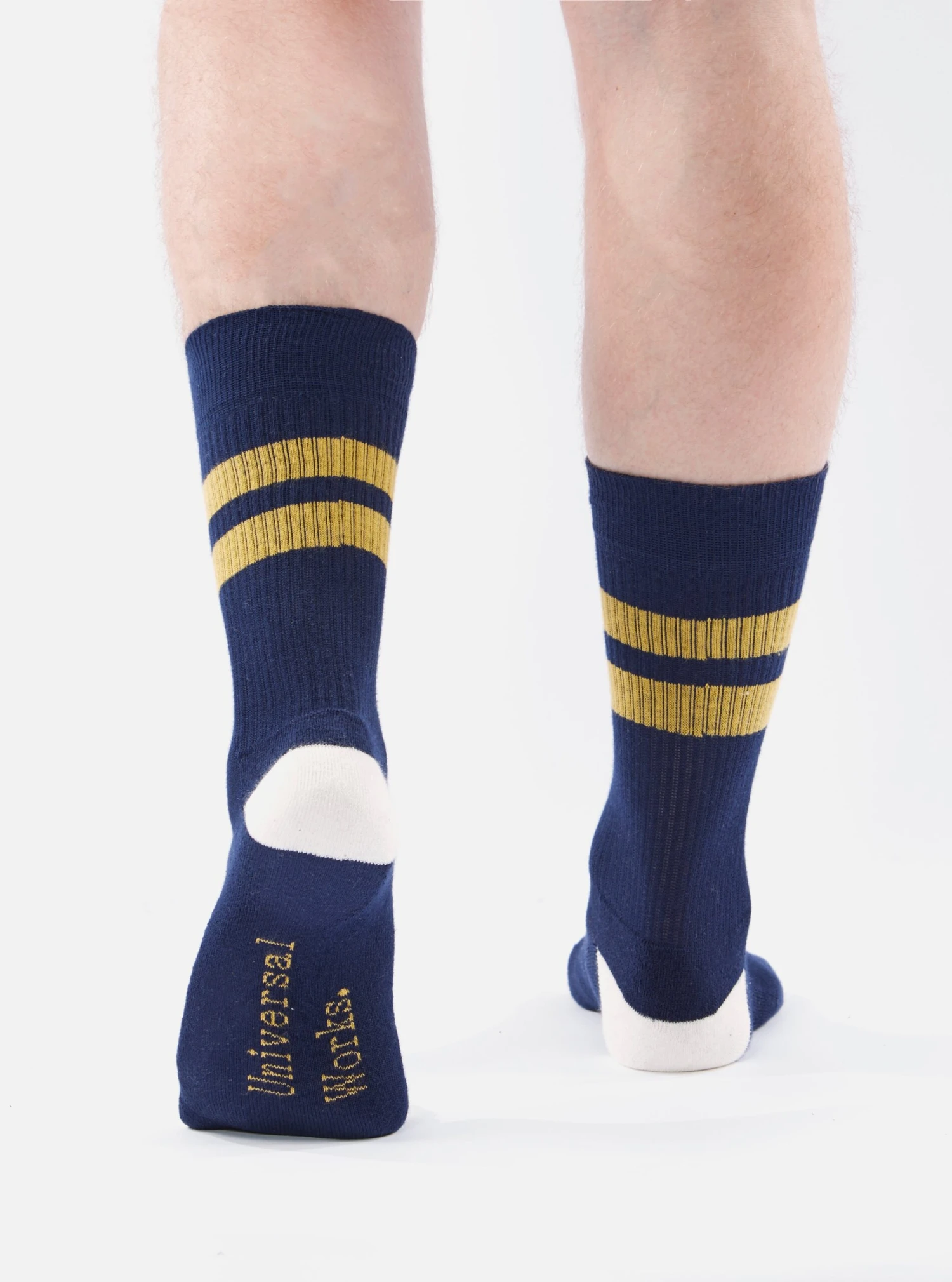 Universal Works Sport Sock In Navy/Yellow Cotton Rib - Image 6
