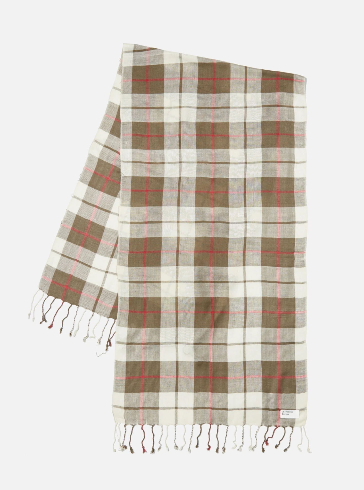 Universal Works Scarf In Mixed Olive Check Rayon