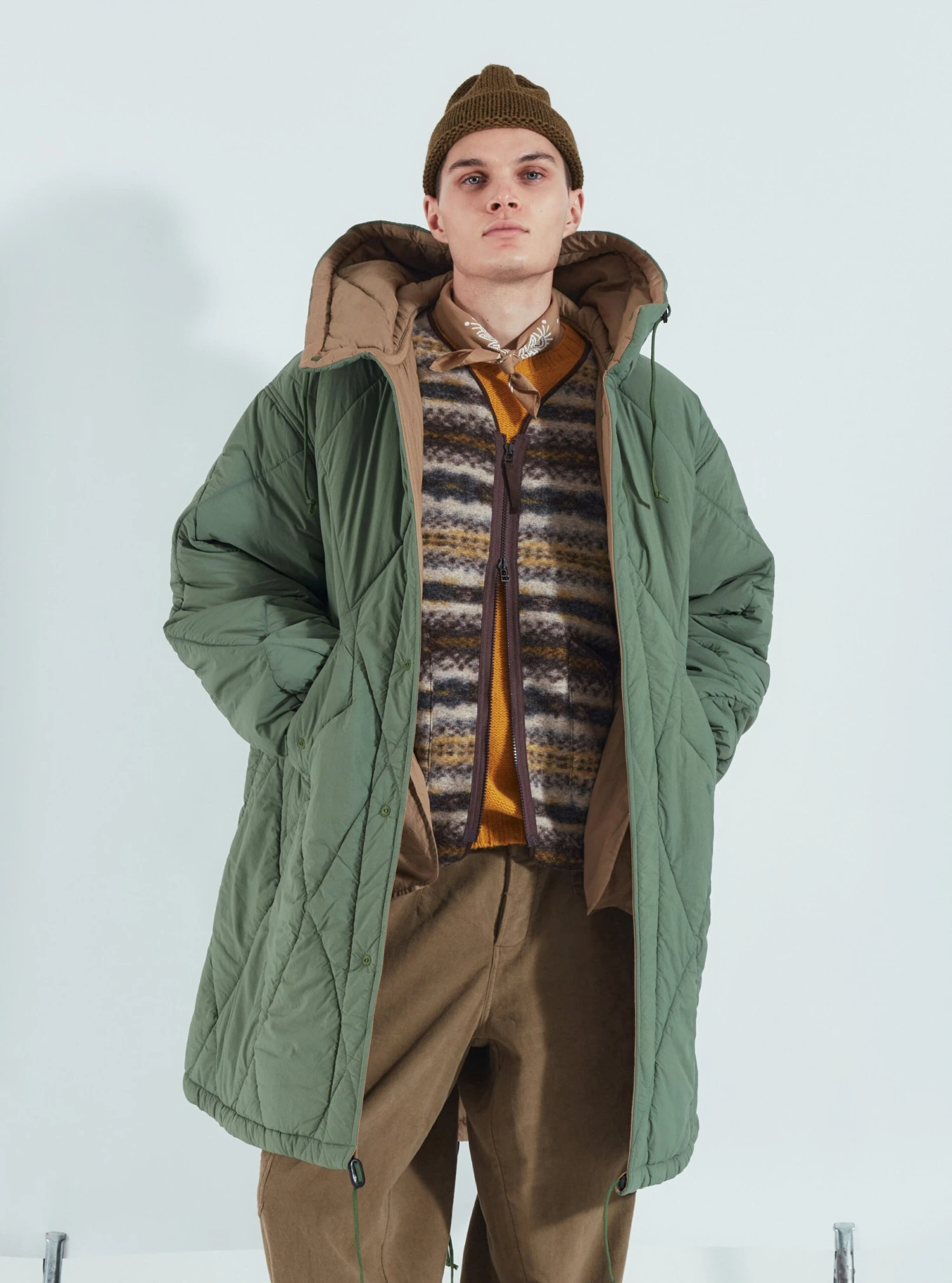 Universal Works Diamond Quilt Parka In Green Recycled Nylon