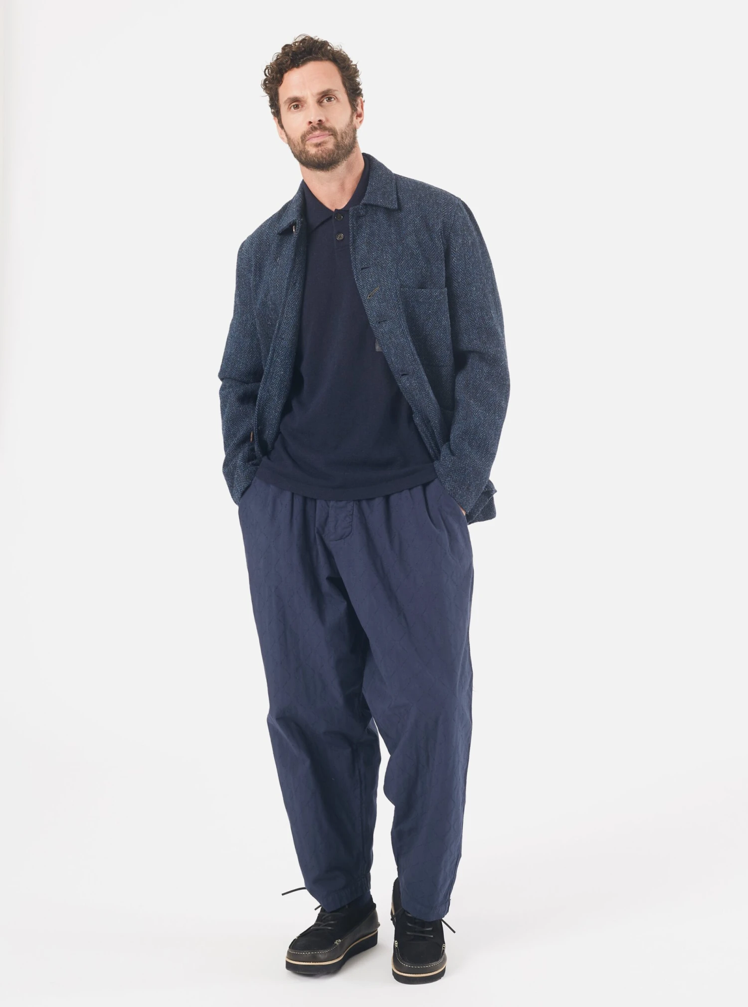 Universal Works Bakers Jacket In Navy Herringbone Harris Tweed - Image 8