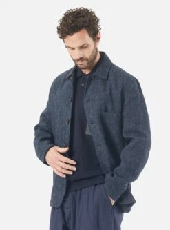 Universal Works Bakers Jacket In Navy Herringbone Harris Tweed