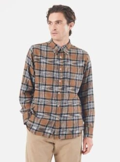 Universal Works Daybrook Shirt In Brown Ikat Twill Check