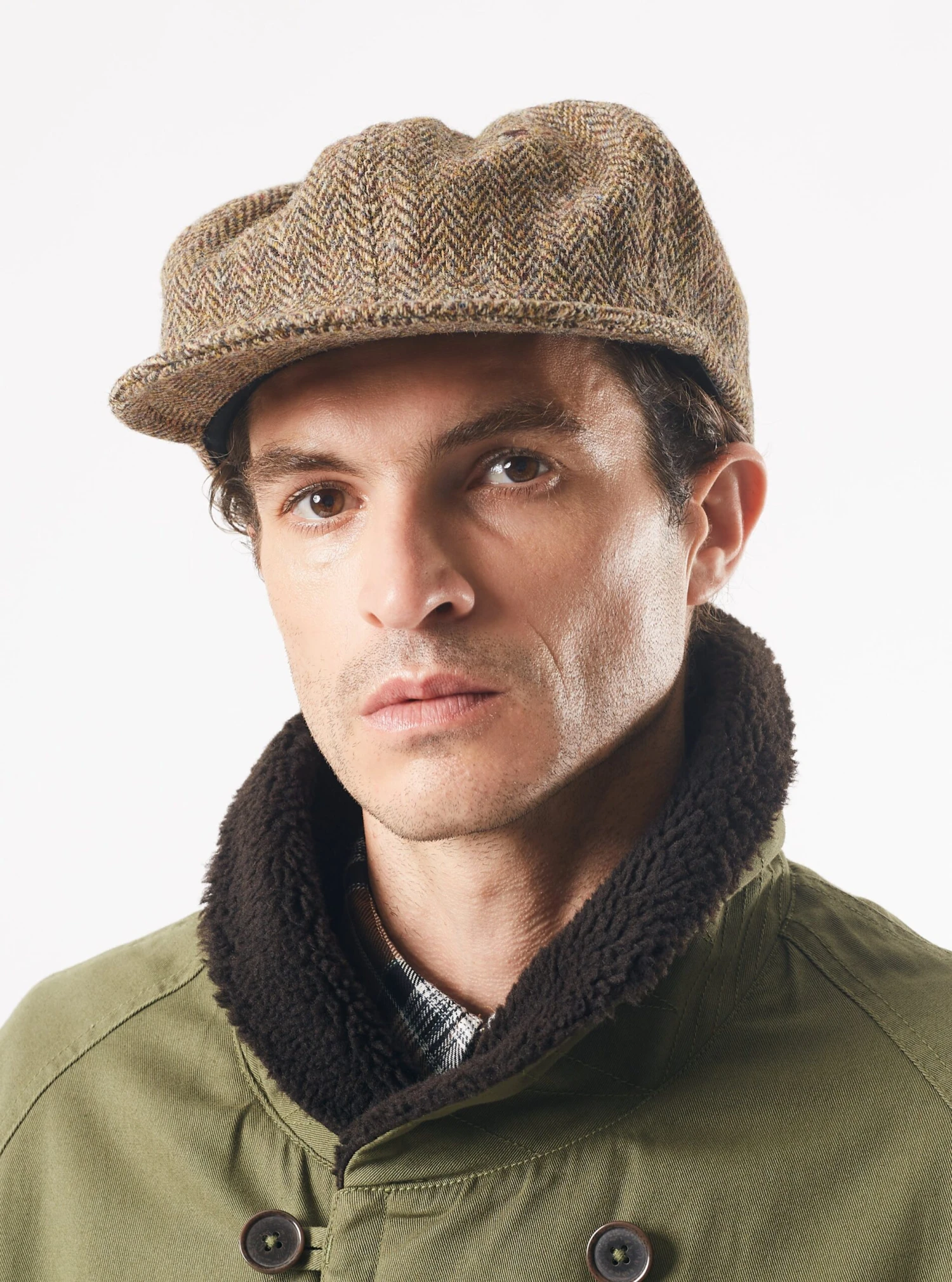 Universal Works Cricket Cap In Brown Herringbone Harris Tweed