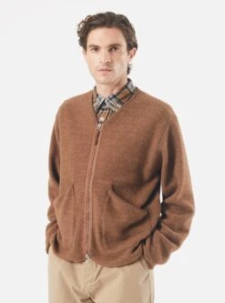 Universal Works Zip Liner Jacket In Brown Soft Wool Cotton Knit