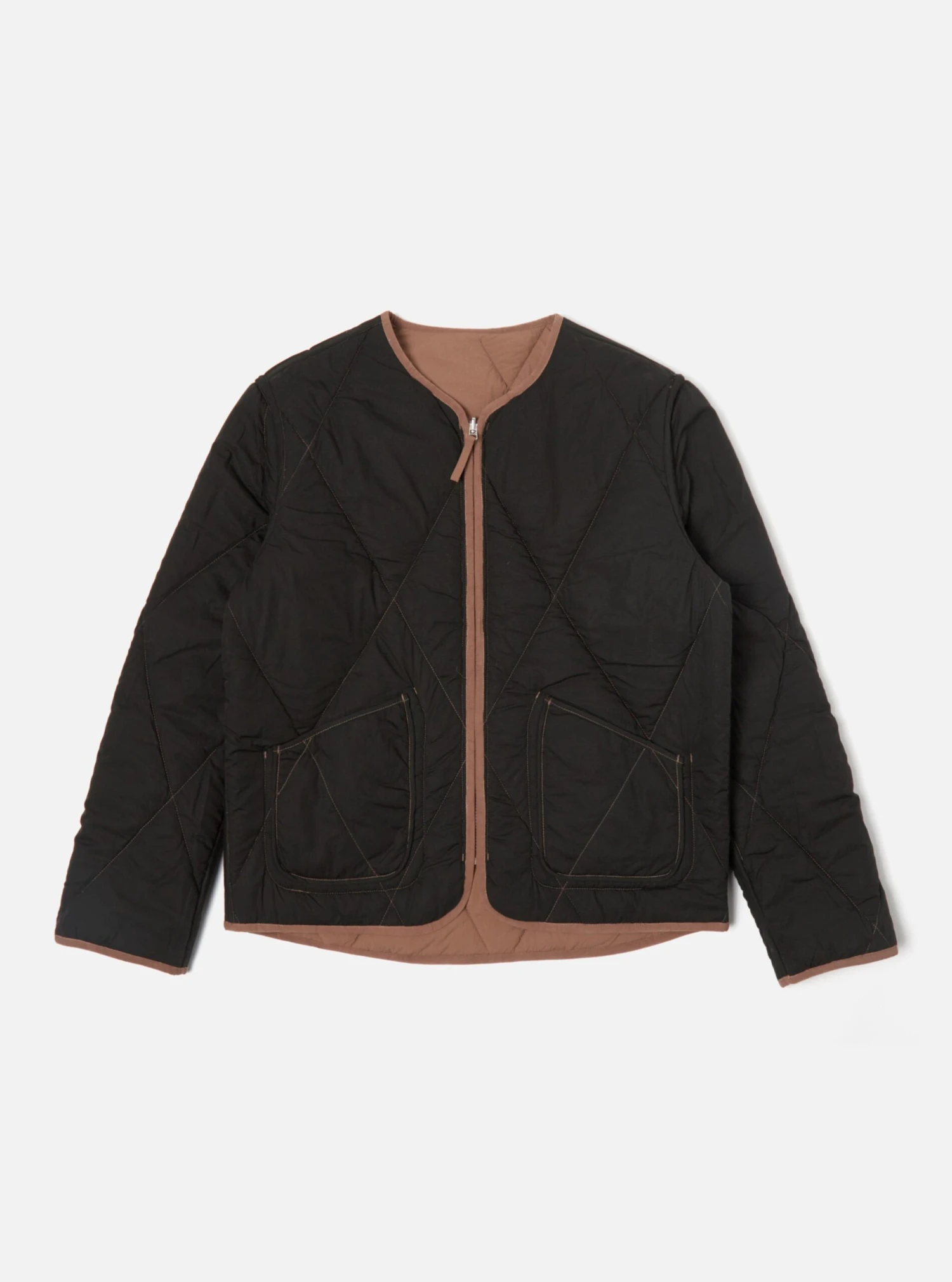 Universal Works Reversible Military Liner Jacket In Brown/Black Diamond Quilt Recycled Nylon - Image 4