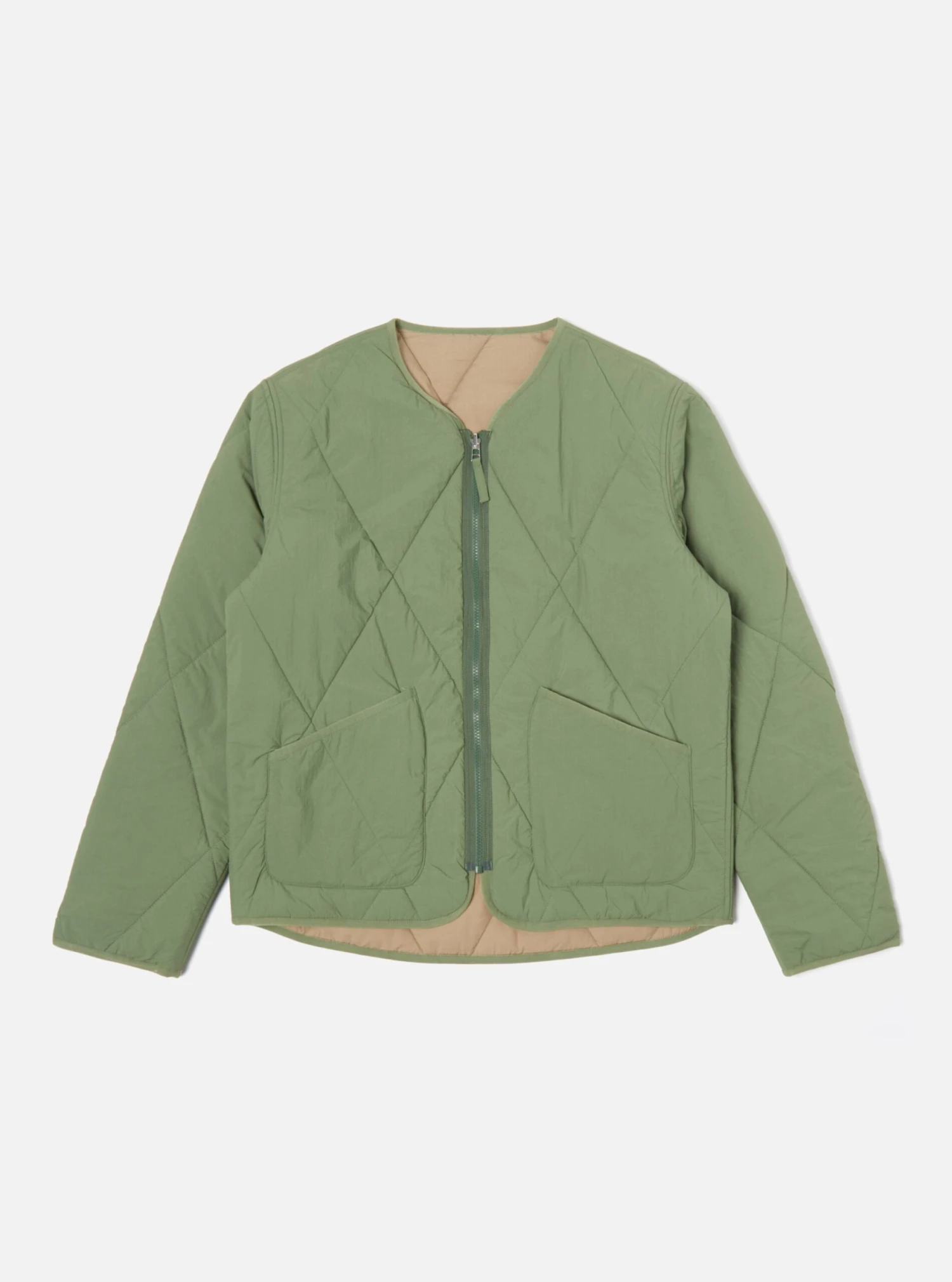 Universal Works Reversible Military Liner Jacket In Green/Sand Diamond Quilt Recycled Nylon - Image 2