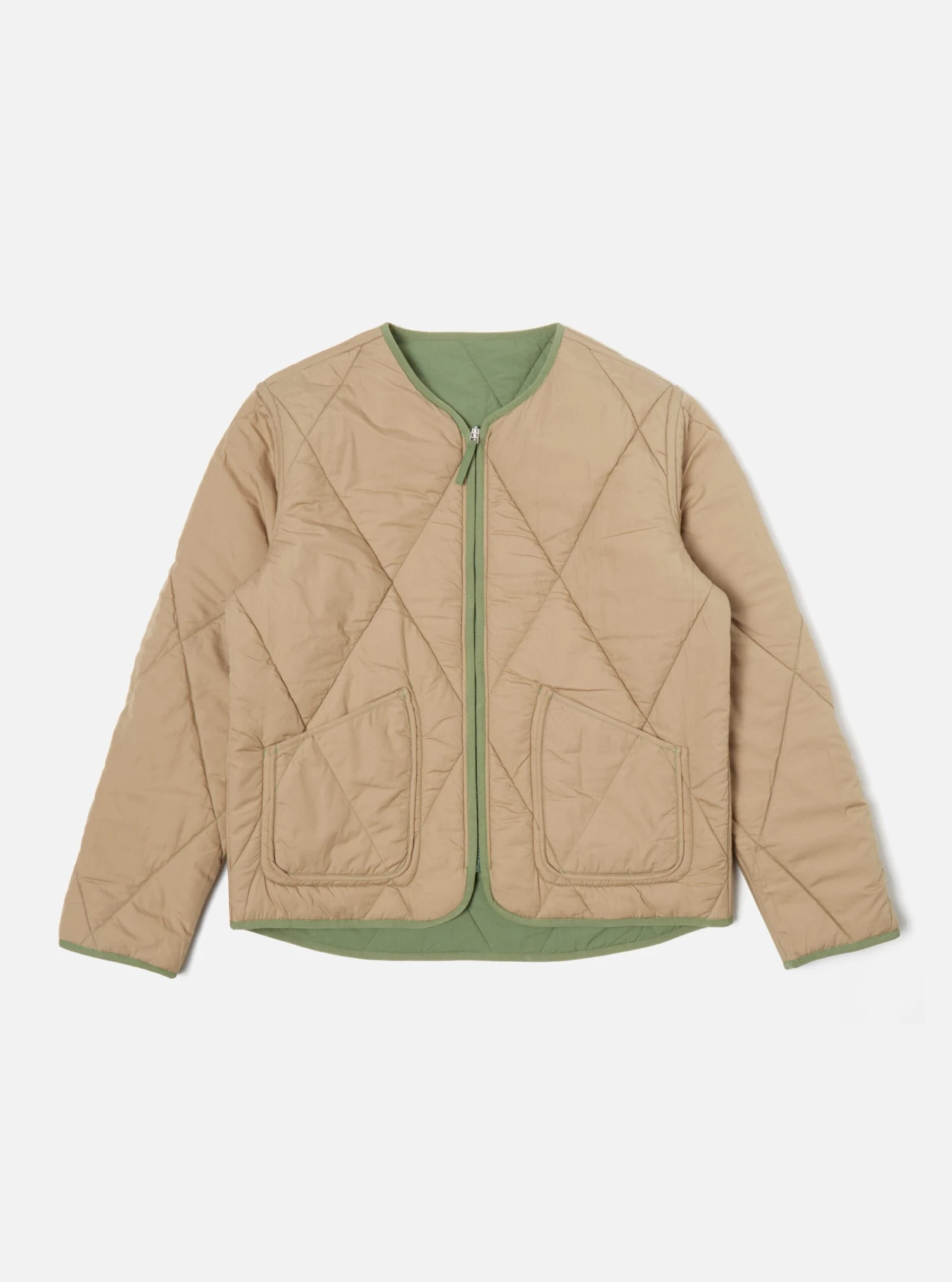 Universal Works Reversible Military Liner Jacket In Green/Sand Diamond Quilt Recycled Nylon - Image 6