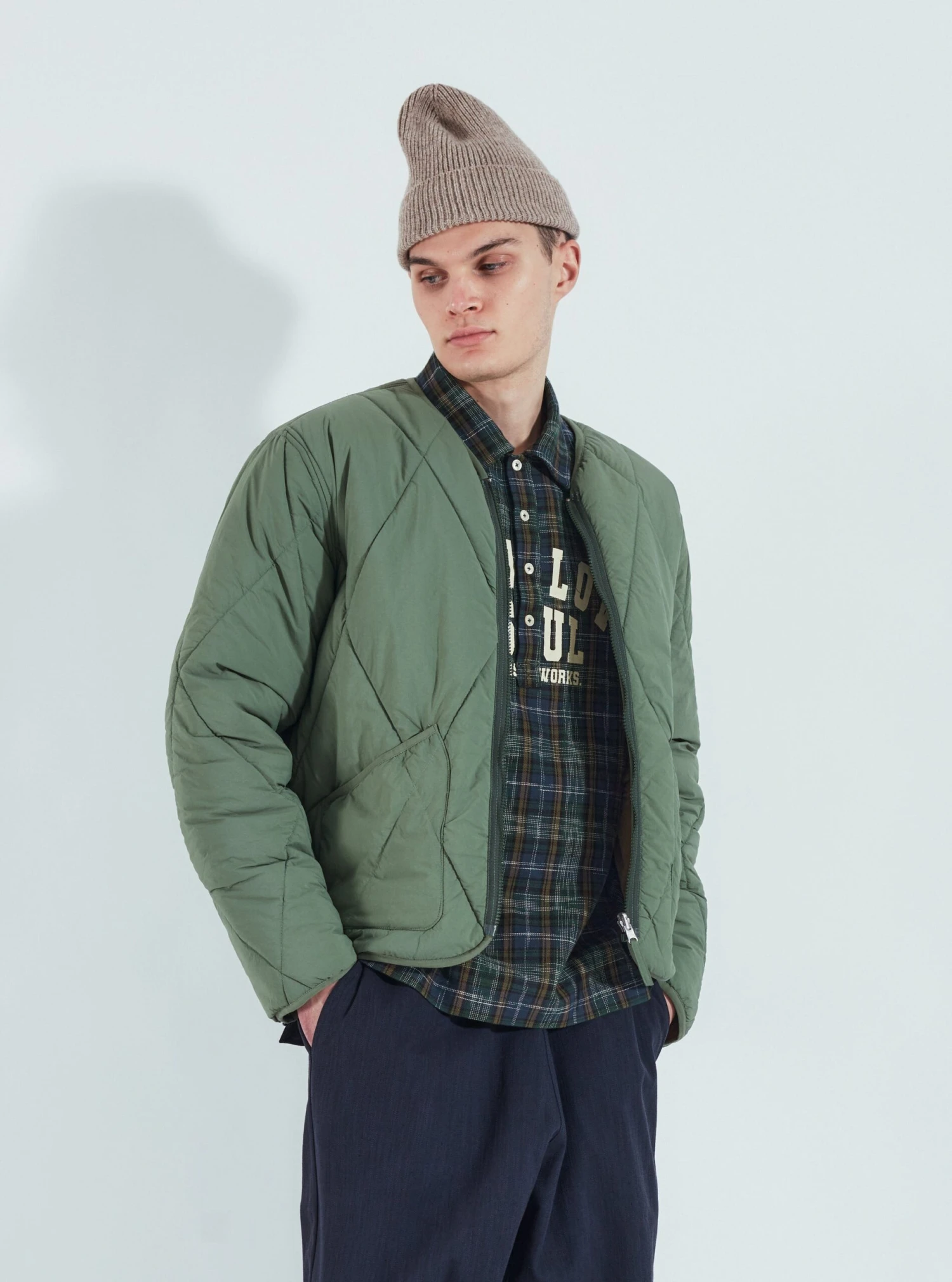 Universal Works Reversible Military Liner Jacket In Green/Sand Diamond Quilt Recycled Nylon - Image 3