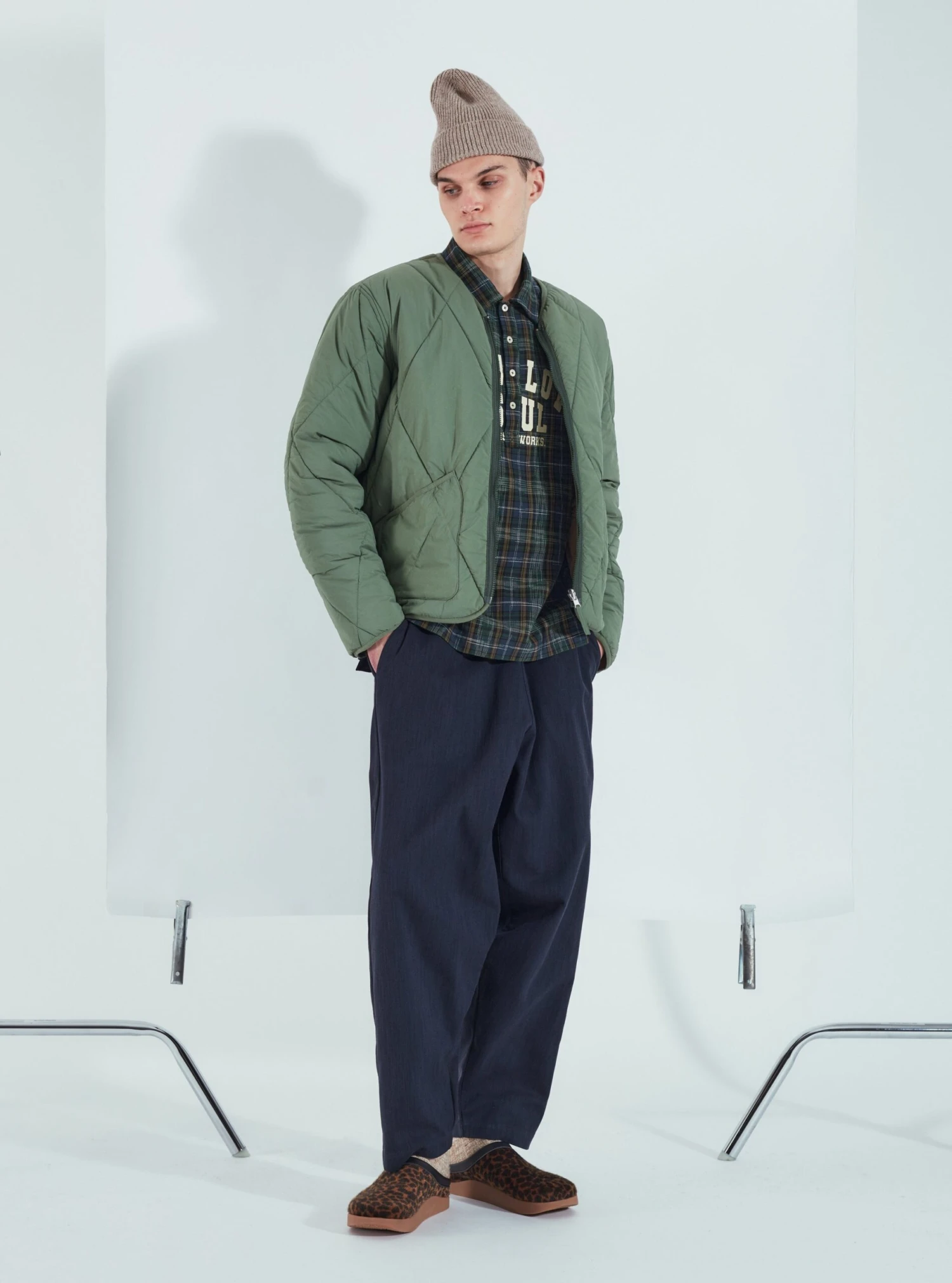 Universal Works Reversible Military Liner Jacket In Green/Sand Diamond Quilt Recycled Nylon - Image 7