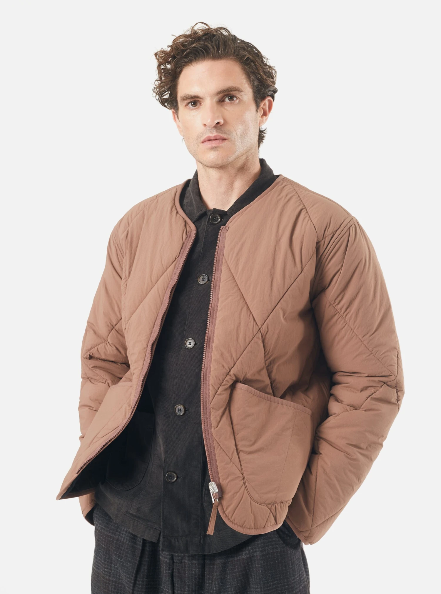 Universal Works Reversible Military Liner Jacket In Brown/Black Diamond Quilt Recycled Nylon