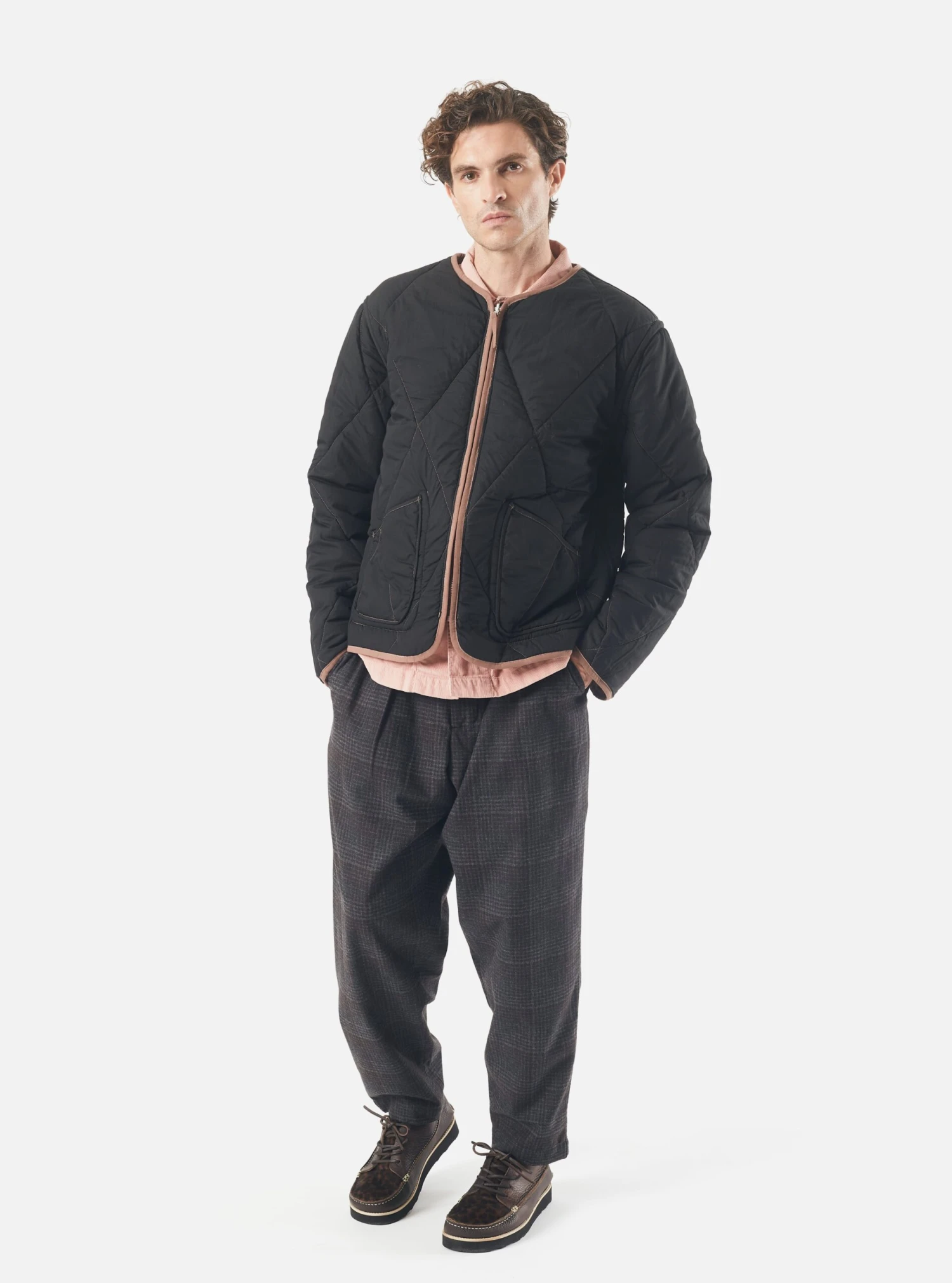 Universal Works Reversible Military Liner Jacket In Brown/Black Diamond Quilt Recycled Nylon - Image 11