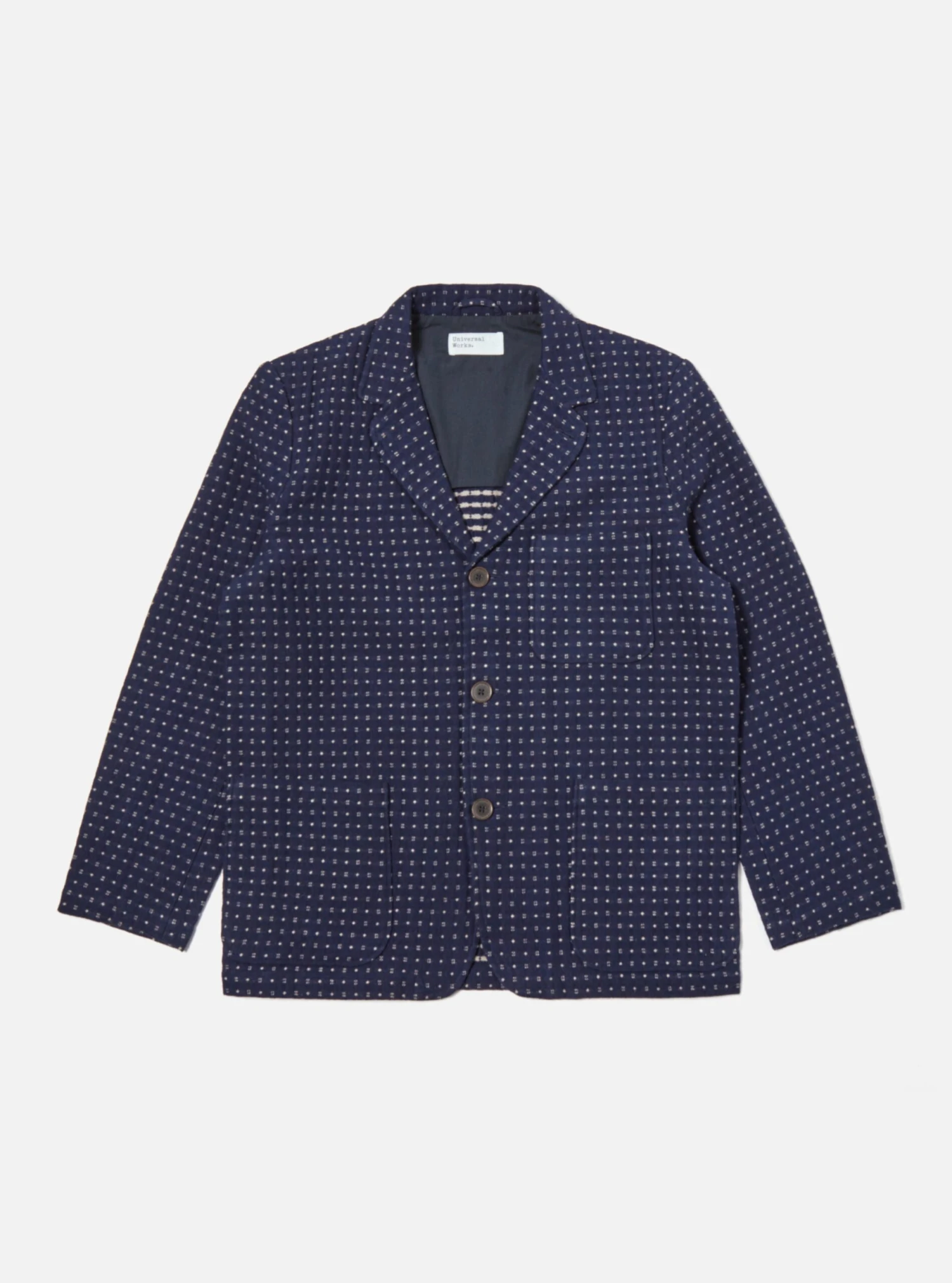 Universal Works Three Button Jacket In Indigo Shingora Dot