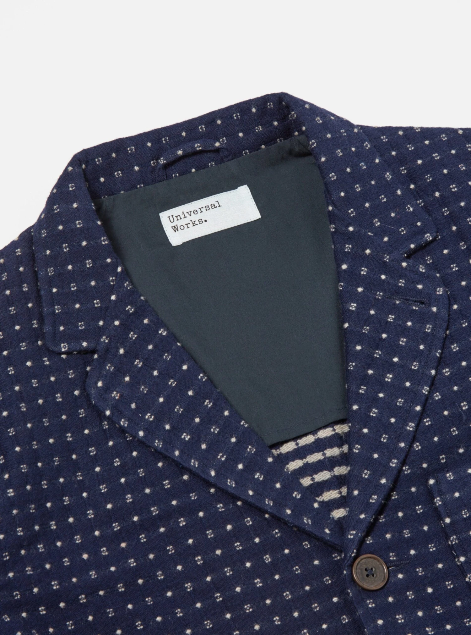 Universal Works Three Button Jacket In Indigo Shingora Dot - Image 3