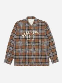 Universal Works Pullover L/S Shirt In Brown Ikat Twill Check