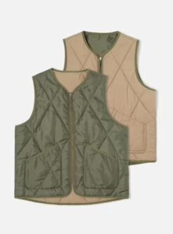 Universal Works Reversible Military Liner Gilet In Olive/Sand Diamond Quilt