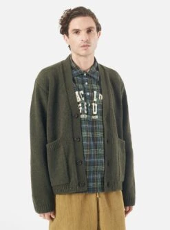 Universal Works Langdale Cardigan In Olive Eco Wool