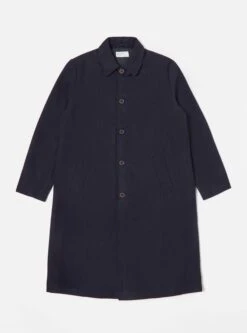 Universal Works Long Swing Overcoat In Navy Mowbray