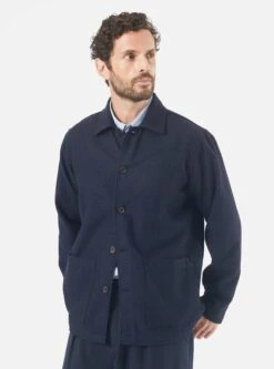 Universal Works Easy Overshirt In Navy Herringbone Recycled Wool