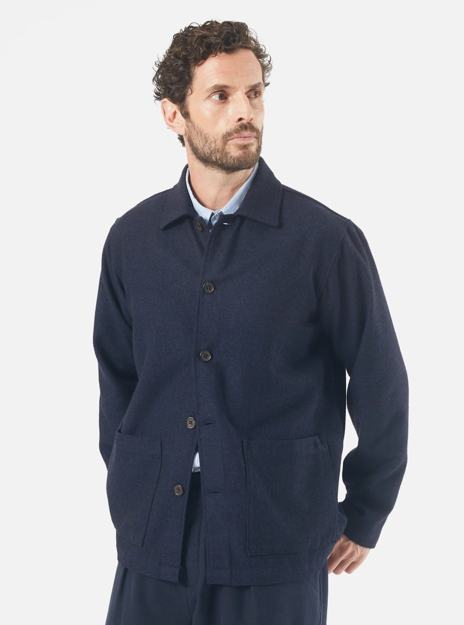 Universal Works Easy Overshirt In Navy Herringbone Recycled Wool