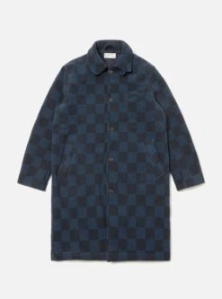 Universal Works Overcoat In Navy Checkerboard Lambswool