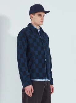 Universal Works Windcheater Jacket In Navy Checkerboard Lambswool
