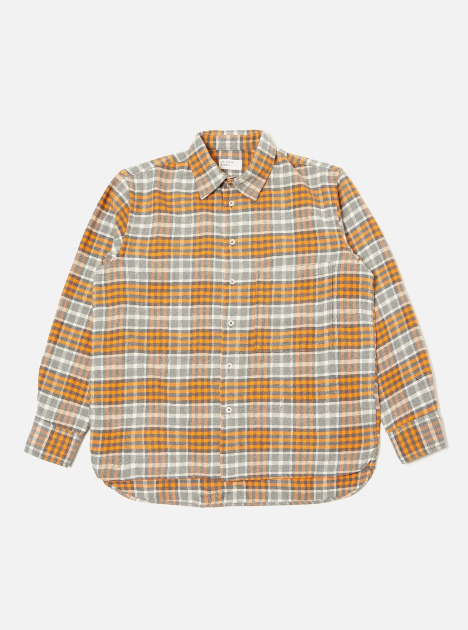Universal Works Square Pocket Shirt In Grey Marl/Orange Brushed Cotton Plaid