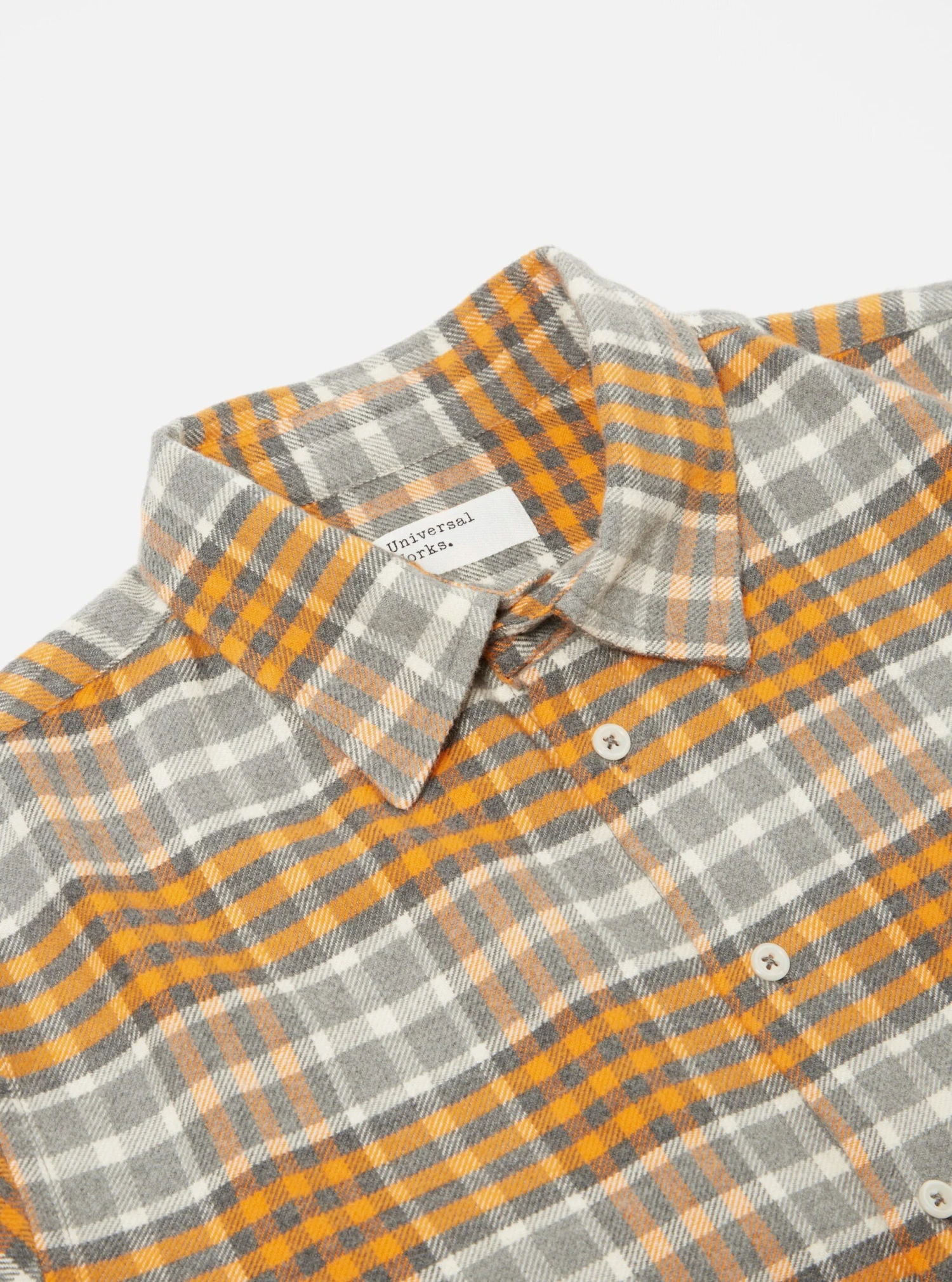 Universal Works Square Pocket Shirt In Grey Marl/Orange Brushed Cotton Plaid - Image 3
