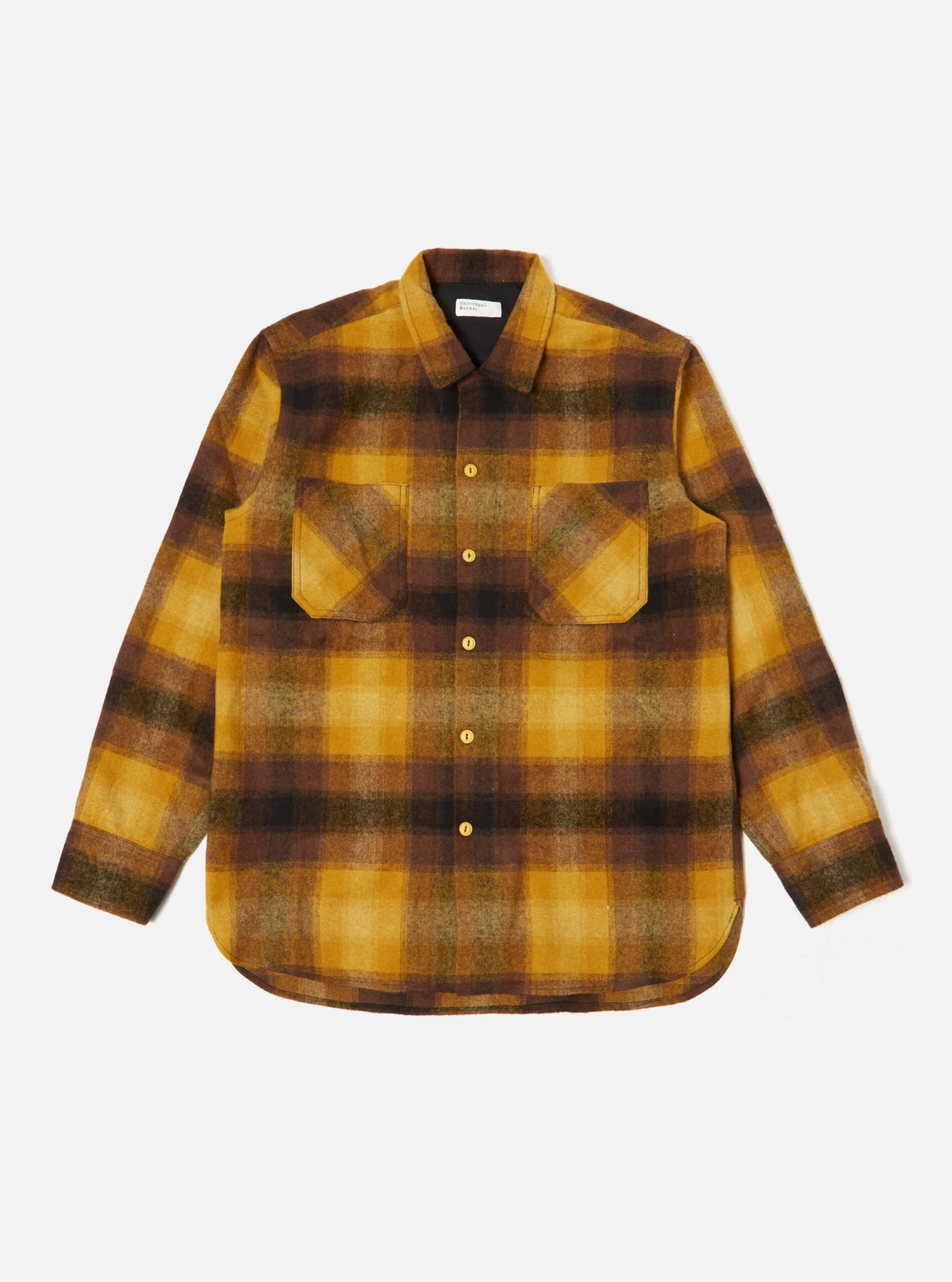 Universal Works Work Shirt In Mustard Check Recycled Wool Mix Flannel - Image 2
