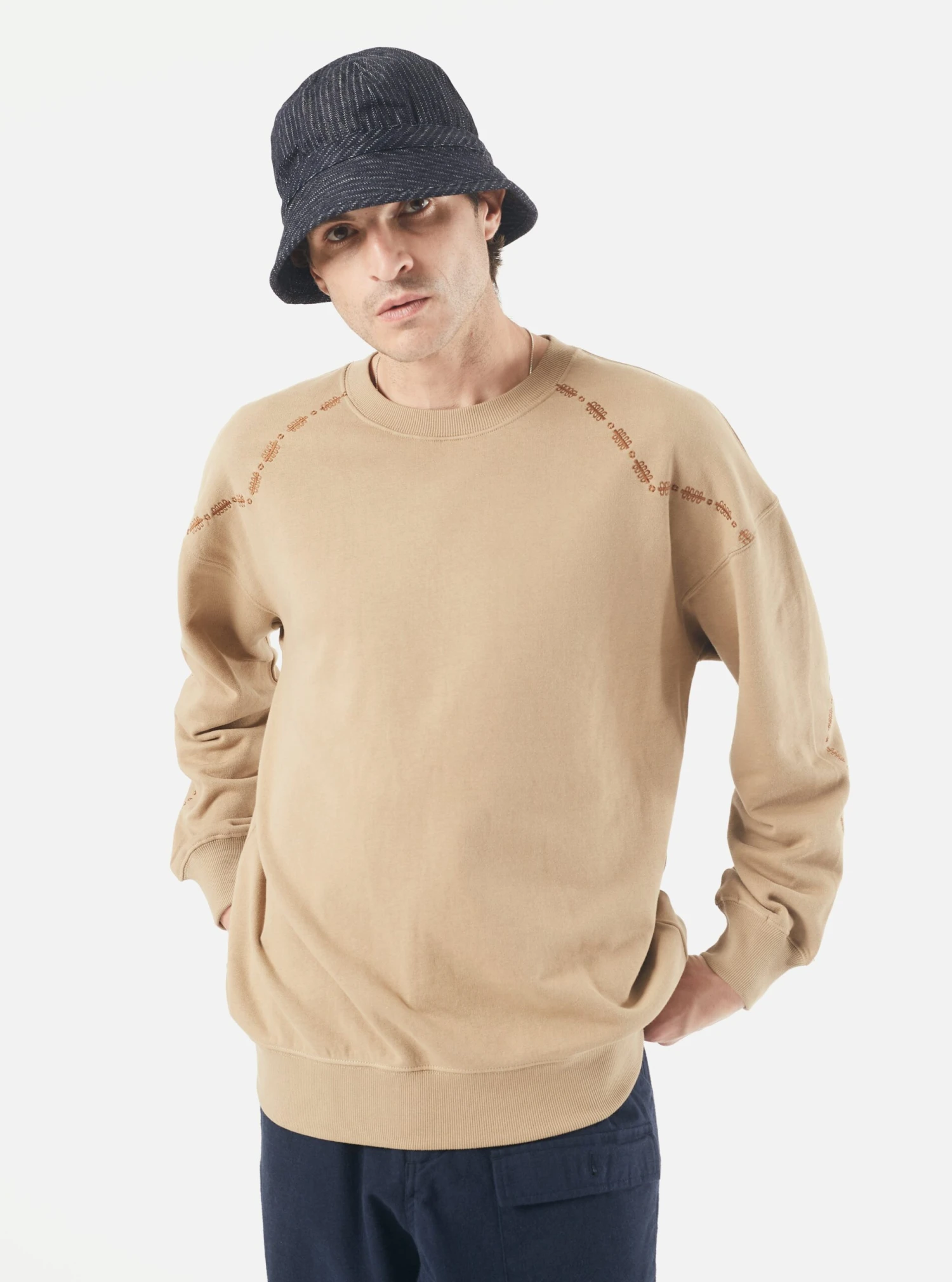 Universal Works Oversized Crew Sweatshirt In Sand Embroidered Brushback - Image 7