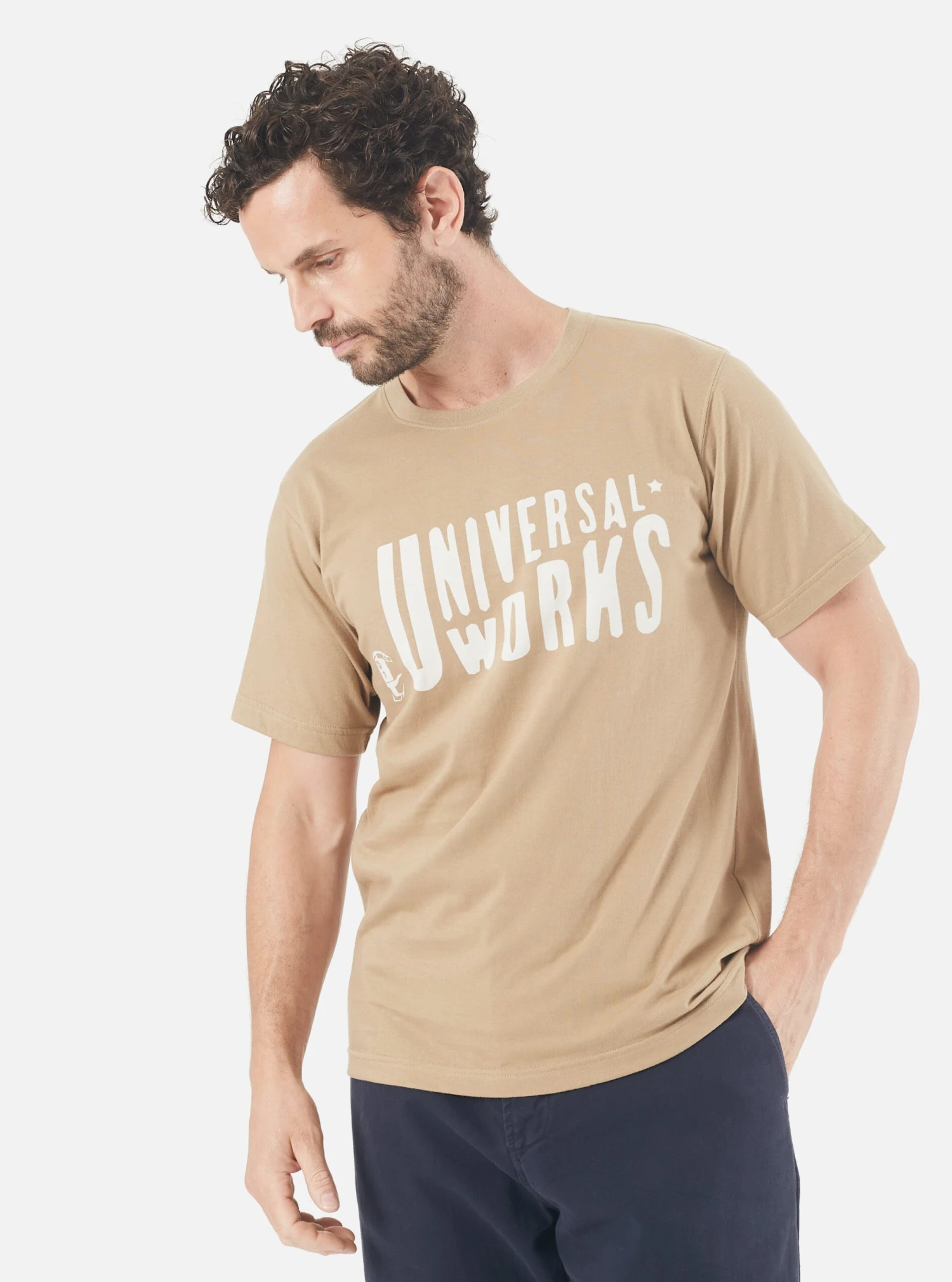Universal Works Mystery Train Print Tee In Sand Single Jersey