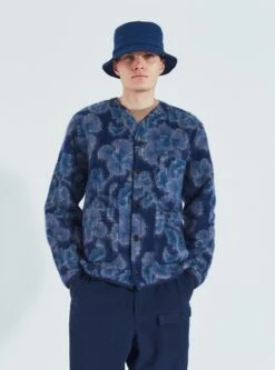 Universal Works Cardigan In Navy Flower Fleece