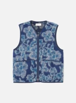 Universal Works Zip Gilet In Navy Flower Fleece