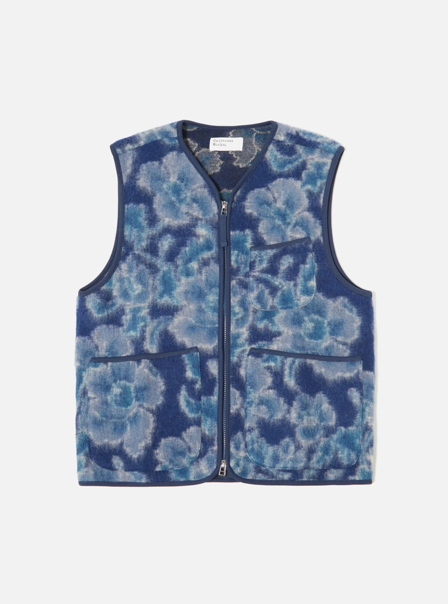 Universal Works Zip Gilet In Navy Flower Fleece