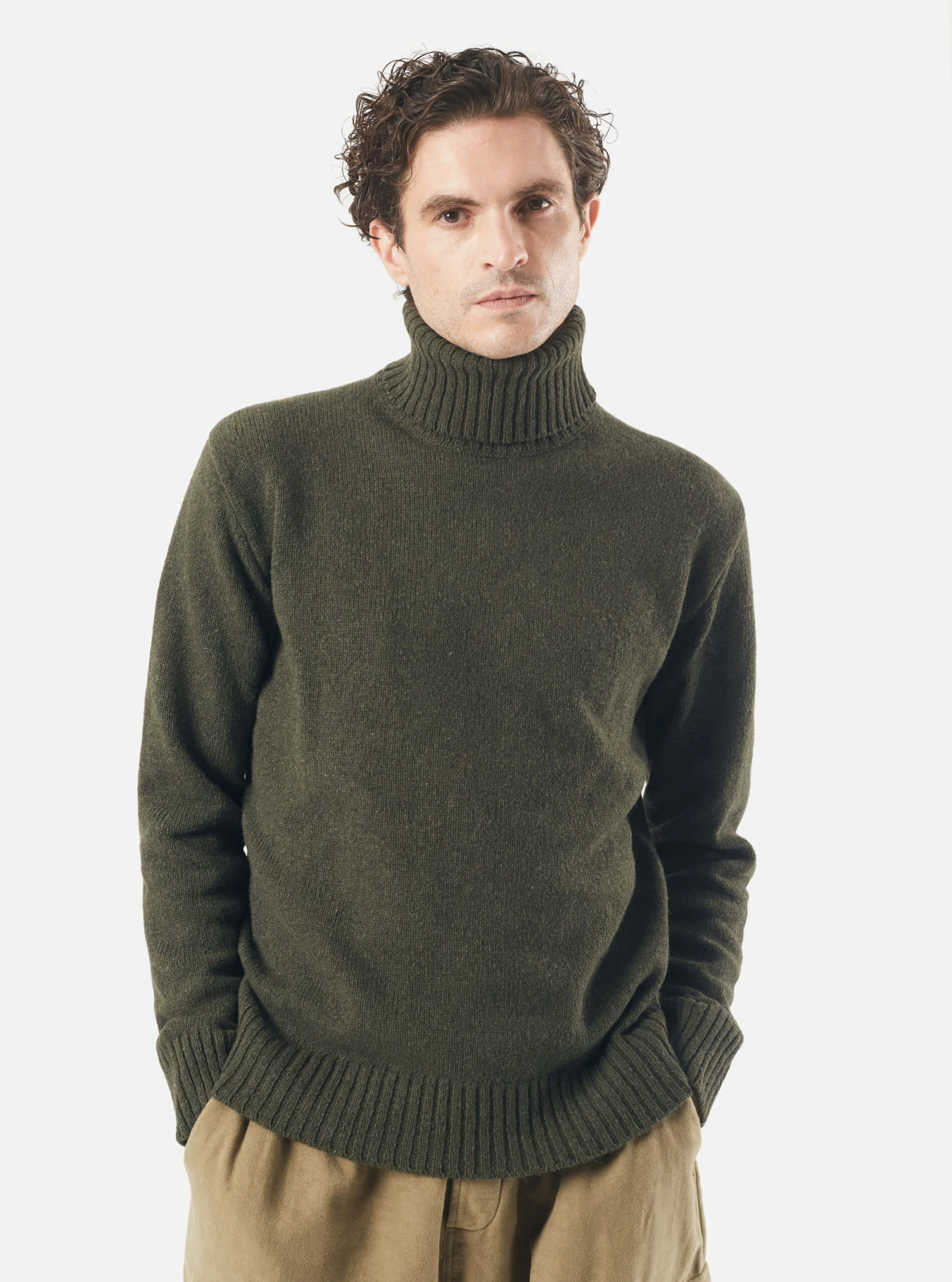 Universal Works Roll Neck In Olive Eco Wool