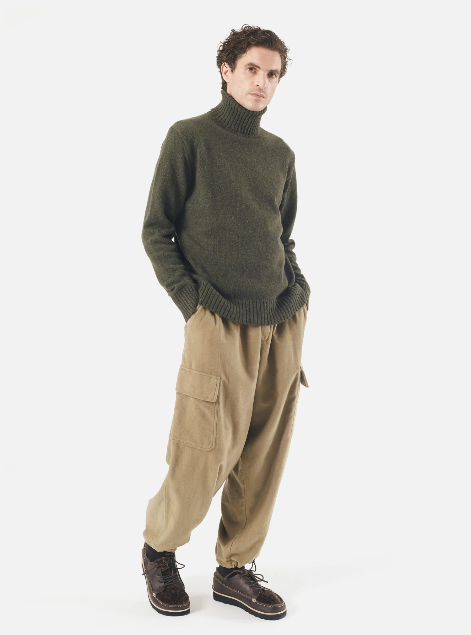Universal Works Roll Neck In Olive Eco Wool - Image 7