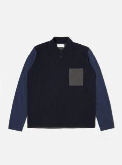 Universal Works Mixed Newlyn Polo In Navy/Indigo Wool Cashmere Mix