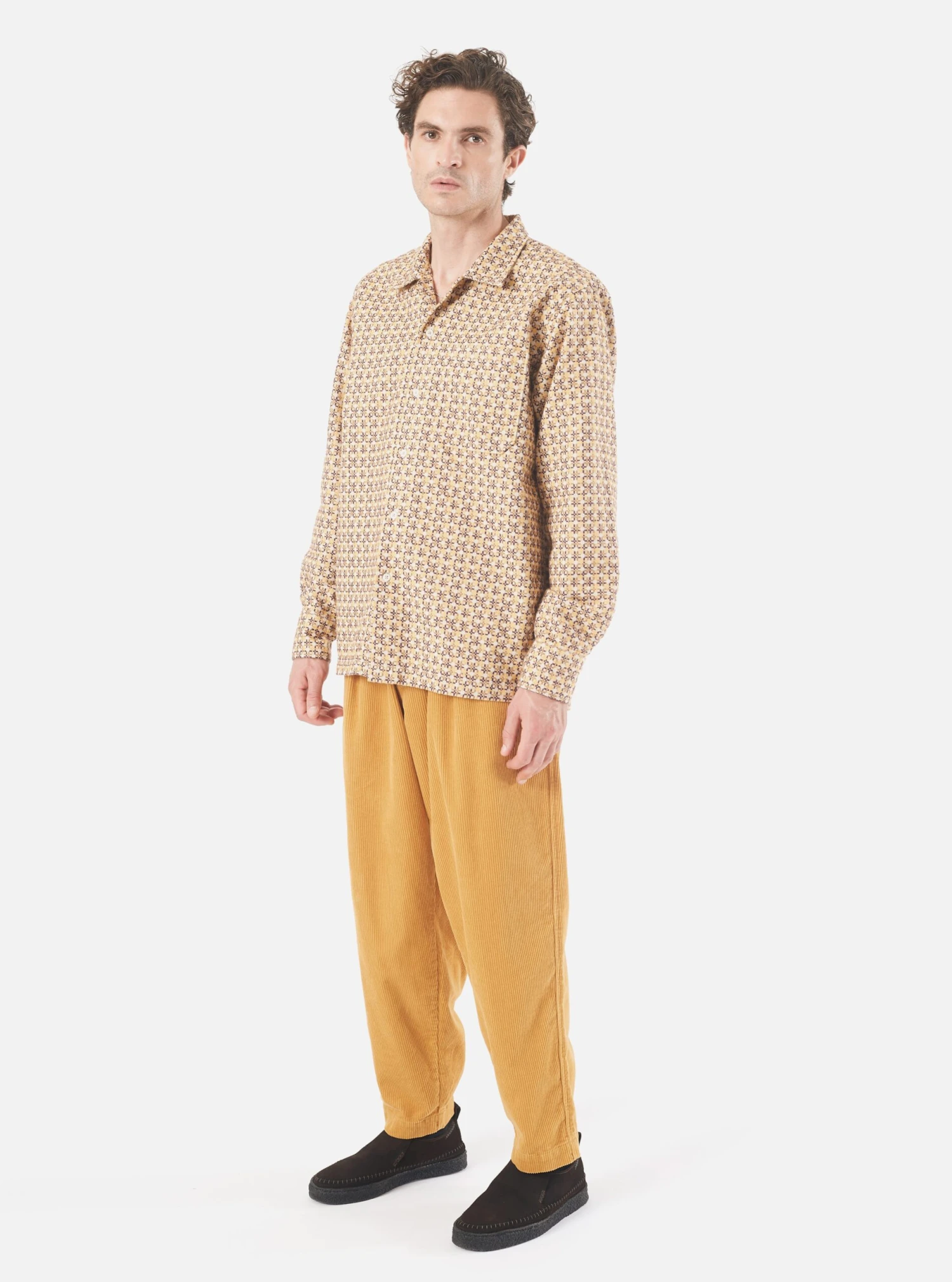 Universal Works L/S Camp Shirt In Taupe Carlos Cotton - Image 6