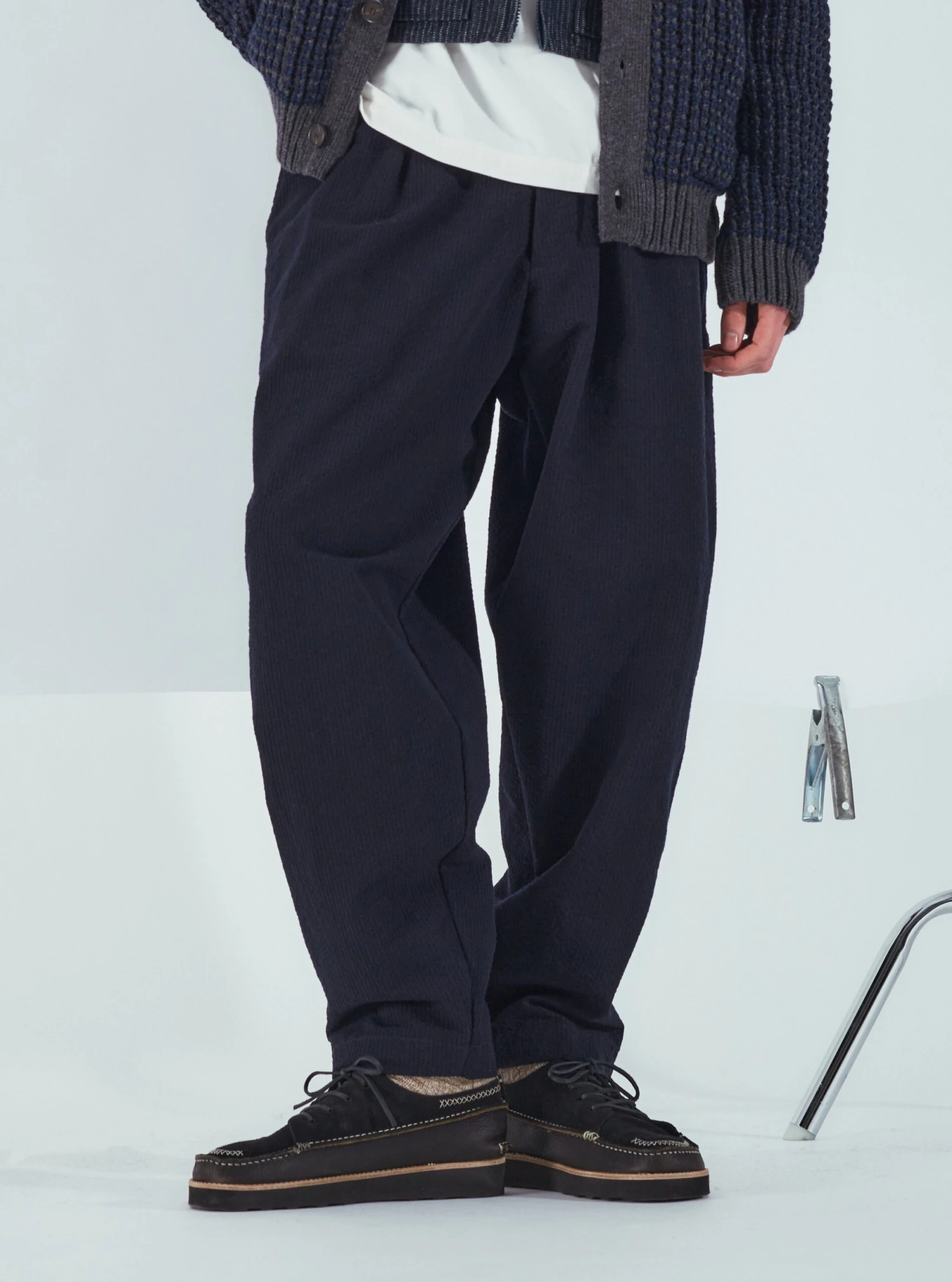 Universal Works Pleated Track Pant In Navy Wool Cotton Seersucker - Image 8