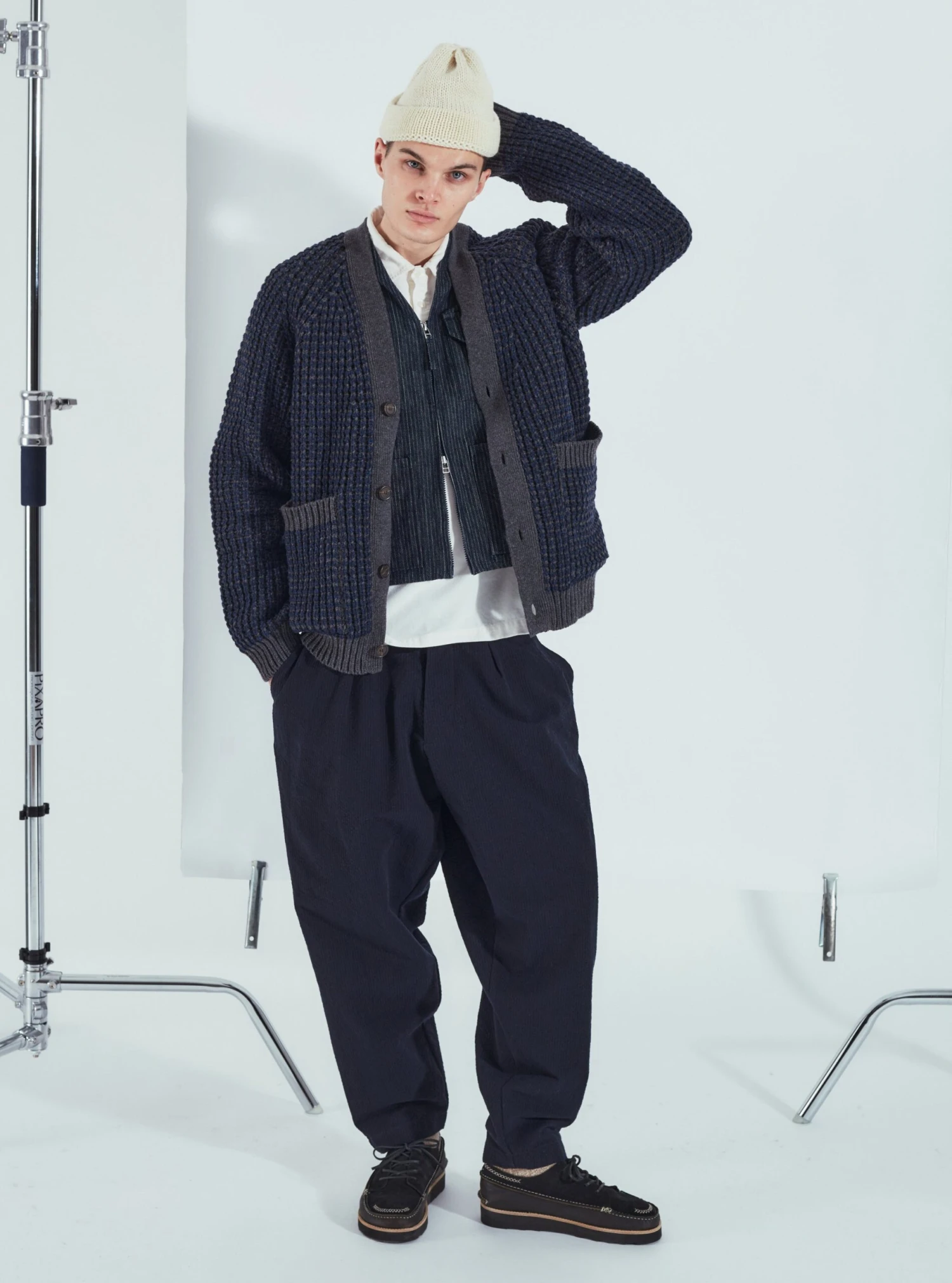 Universal Works Pleated Track Pant In Navy Wool Cotton Seersucker - Image 7