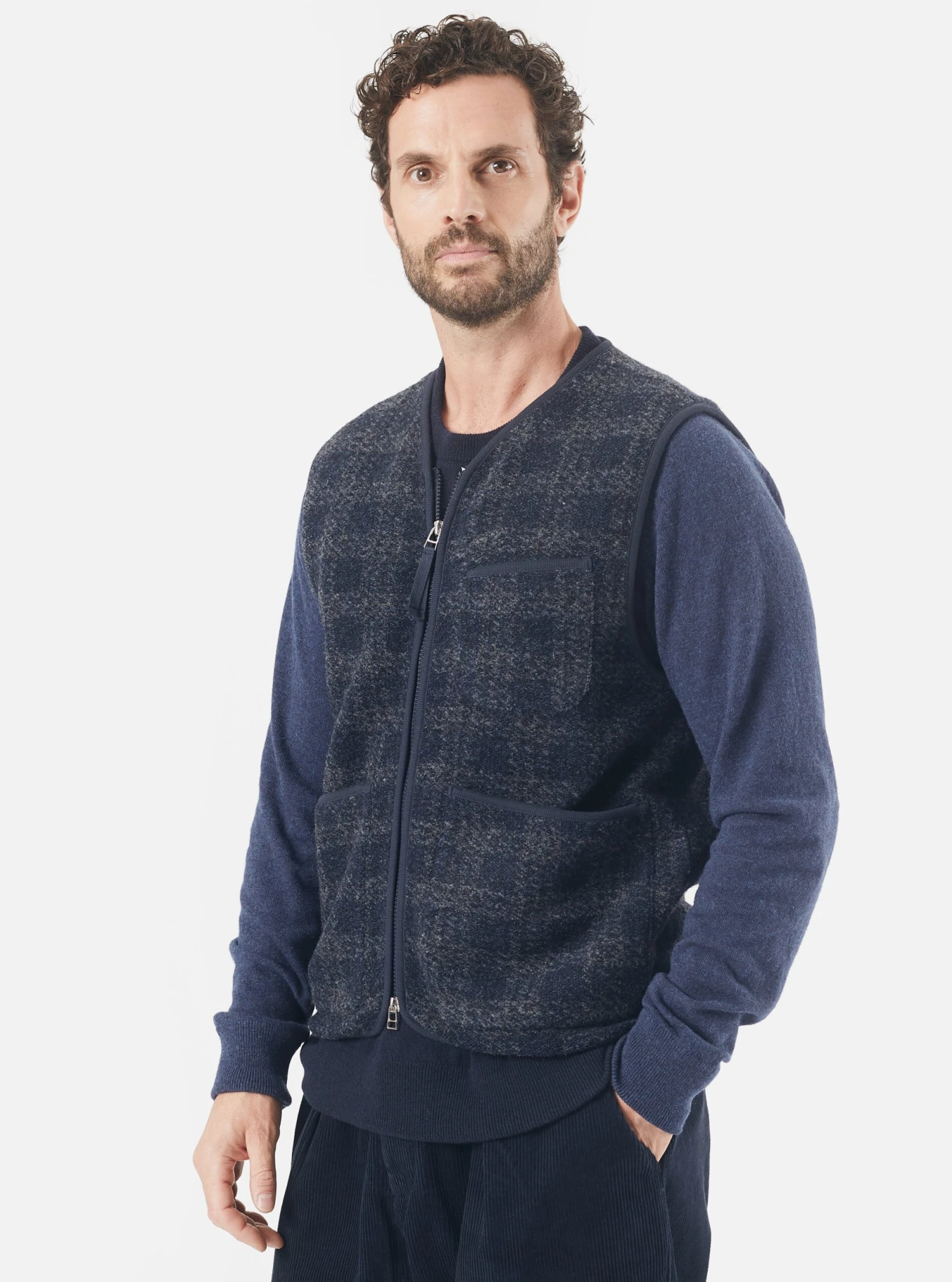 Universal Works Zip Gilet In Navy Swarm Fleece
