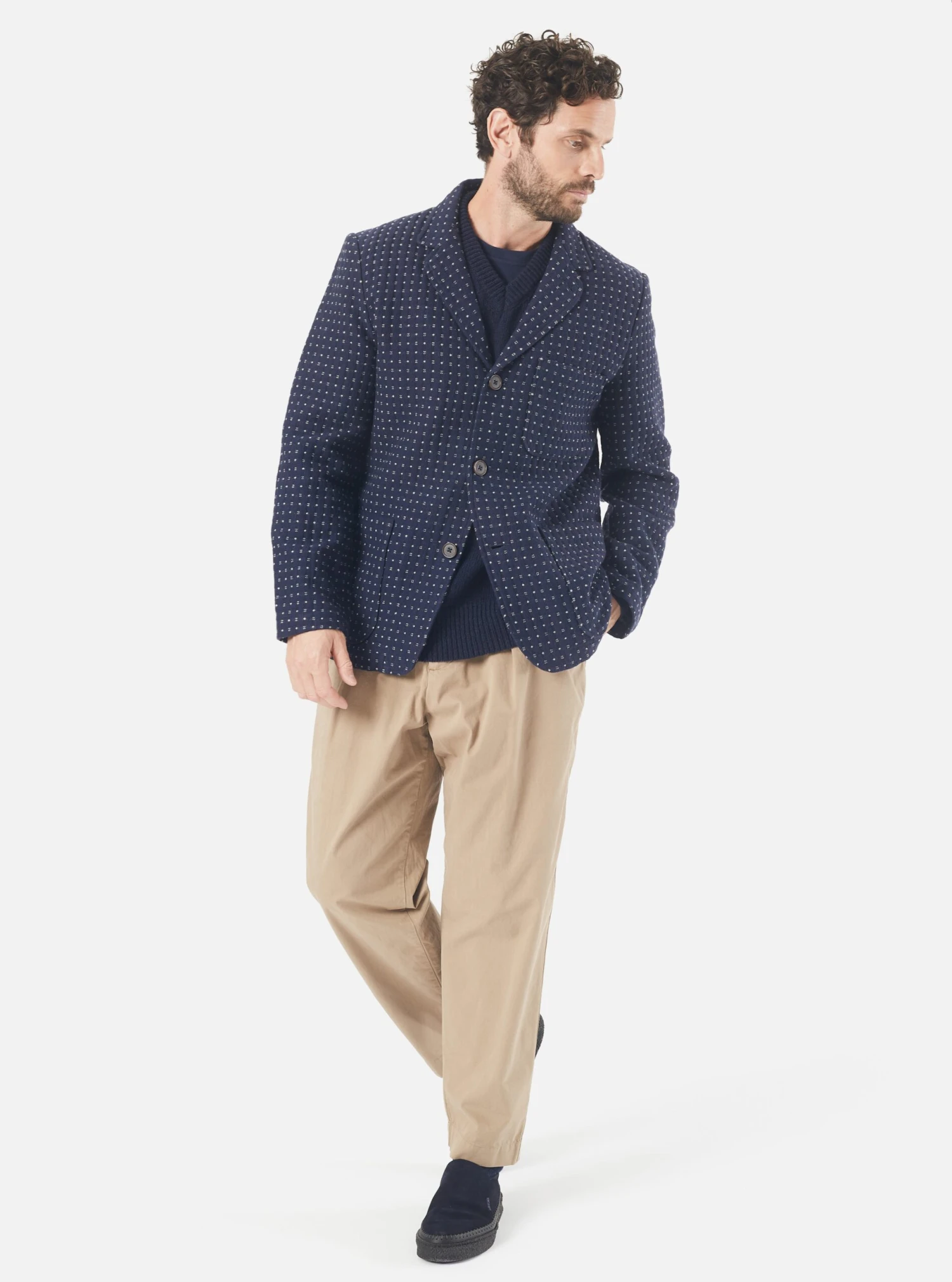 Universal Works Three Button Jacket In Indigo Shingora Dot - Image 7
