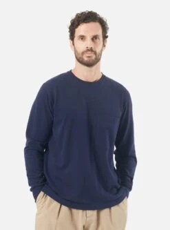 Universal Works L/S Big Pocket Tee In Navy Recycled Wool Mix SJ