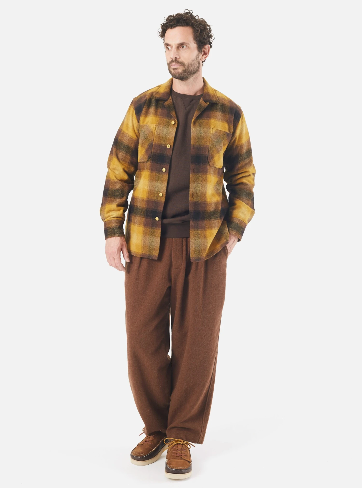Universal Works Work Shirt In Mustard Check Recycled Wool Mix Flannel - Image 7